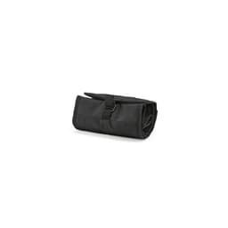 A black rolled cooler with a metal G hook and roll top closure, featuring a logo.