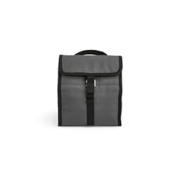 A grey cooler bag with a roll top, secured with a strap and featuring a metal G hook. It has a logo.