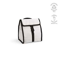 A white cooler bag with a roll top, black trim, and a front buckle closure. It features a logo on the side.