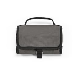 A grey cooler bag with a roll top, featuring a handle and metal G hook for easy carrying.