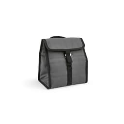 A grey insulated cooler bag with a roll top and a metal G hook, featuring black trim and fastening.
