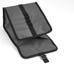 A grey folding cooler bag with a roll top, featuring straps and a metal G hook. It has a simple and functional design.
