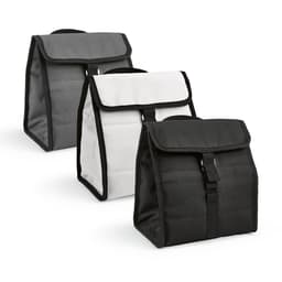 Three insulated cooler bags in grey, white, and black with fold-over flaps and adjustable straps. Each bag has a logo.