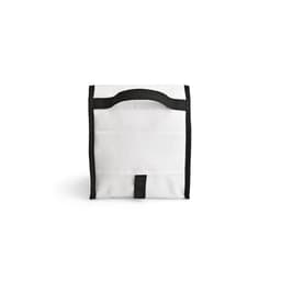A white cooler with a roll top and black straps, featuring a metal G hook and logo.