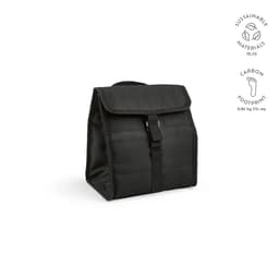 A black cooler bag with a roll top and metal G hook, featuring a structured design and logo. Made from sustainable materials.