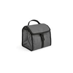 A grey cooler bag with a roll top, metal G hook, and a sturdy handle, featuring a simple design and a logo.