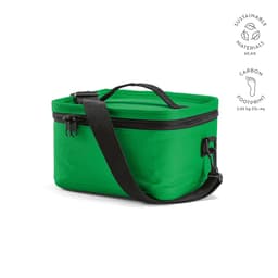 A green cooler bag with a black strap and zippers, made from sustainable materials. It features a logo.