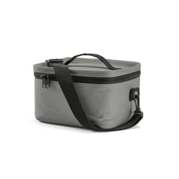 A grey cooler bag with a handle and an adjustable strap, featuring a zip closure and a logo.