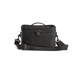 A black cooler bag with a handle and adjustable strap, featuring thermo-injected zippers. Includes a logo.