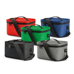 A collection of five coolers in red, green, blue, black, and grey, featuring thermo-injected zippers and shoulder straps.