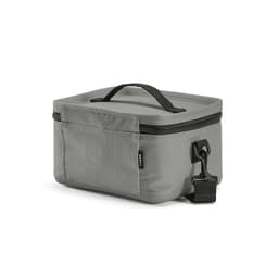 A grey cooler bag with a handle, featuring a zip closure and side pocket, made from rPET and rABS materials.
