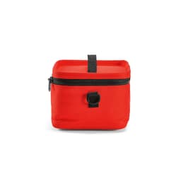 A red cooler bag with a zipper, featuring a black handle and loop for carrying. Includes a branding logo.