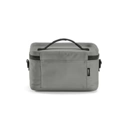 A grey cooler bag with a handle, featuring thermo-injected zippers and a front pocket. It includes branding.