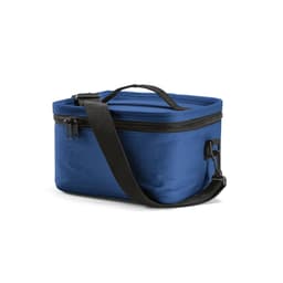 A blue cooler bag with a zippered top, featuring a handle and a detachable shoulder strap. It has a logo on it.