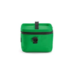 A green cooler bag with a zippered top and a black handle, featuring a loop for easy carrying.