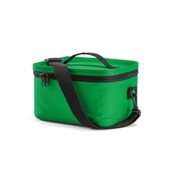 A green cooler bag with a zippered closure and a black adjustable strap. It features a carry handle on top.