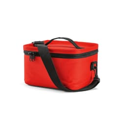 A red insulated cooler bag with a black strap and zipper, featuring a durable design.