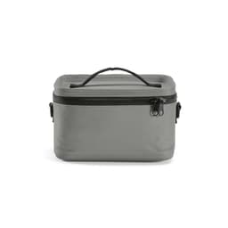 A grey cooler bag with a sturdy handle and thermo-injected zippers, featuring a sleek design and a logo.