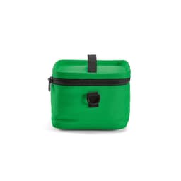 A green cooler with thermo-injected zippers and a zippered closure, featuring a black handle.