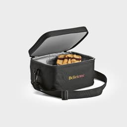 A black cooler bag with a zippered top, featuring a handle and an insulated interior. It contains wooden utensils.