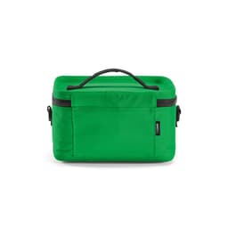 A green cooler bag with a handle and zip closure, featuring a front pocket and a logo label.