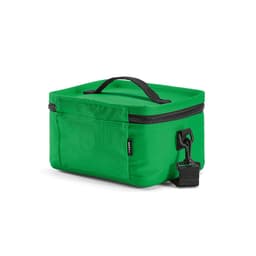 A green cooler bag with a zip closure and a black handle, featuring a front pocket and a clip.