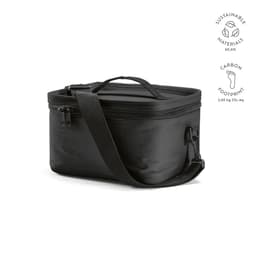 A black insulated cooler bag with a handle, made from sustainable materials and featuring a branding logo.