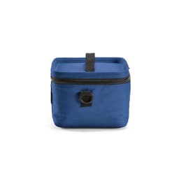 A blue cooler bag with a square shape, featuring a black zipper and a sturdy handle on top.