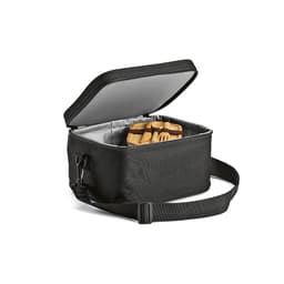 A black cooler bag with a zippered opening, featuring a silver interior and wooden accessories inside.