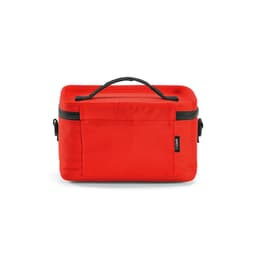 A red insulated cooler with a black zipper and handle, made from rPET and rABS materials. It features a branding logo.