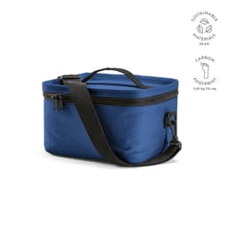 A blue cooler with a handle, featuring thermo-injected zippers and made from sustainable materials.