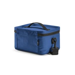 A blue insulated cooler bag with a handle, featuring a front pocket and a secure zipper closure.