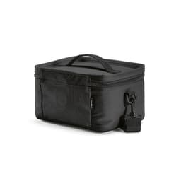 A black insulated cooler bag featuring a zippered compartment, a handle, and a side pocket.