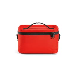 A red cooler bag with a black zipper and handle, made from rPET and rABS materials.