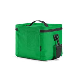 A green cooler bag with a handle, zip closure, and an adjustable strap, featuring a black logo.