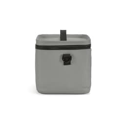 A grey cooler with a square shape, featuring a thermo-injected zipper and a handle on top.