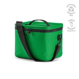 A green cooler bag with a black strap and zippers, featuring sustainable materials and a branding logo.