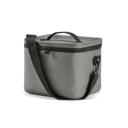 A grey cooler bag with a sturdy handle, shoulder strap, and insulated zippers. It features a logo on the side.