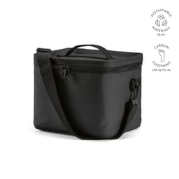 A black cooler bag with a handle and adjustable strap, featuring a zipper closure and a logo on the side.