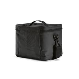 A black cooler bag with a handle, featuring a zipper closure and a front pocket. It has a logo on the side.