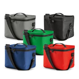 A cooler bag collection in grey, black, green, blue, and red, featuring zippers and carrying handles.