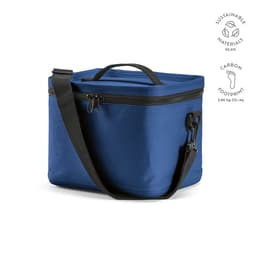 A drink cooler in navy blue with a black strap and zipper, featuring a handle and a logo.