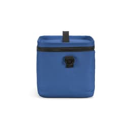 A blue insulated cooler bag with a black zipper and a carrying handle on top. It has a simple design and includes a logo.