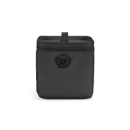 A black insulated cooler bag with a zippered top and a carry handle, featuring a branding logo.