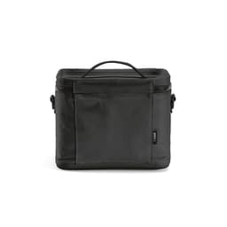 A cooler bag in black featuring a handle, zipper closure, and a front pocket. It has a logo on the side.