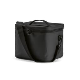 A black cooler bag with a zippered top, carrying handle, and adjustable shoulder strap. Contains a logo on the front.