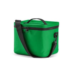 A green cooler bag with a black strap and zippers, featuring a sturdy design for thermal insulation.