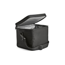 A black cooler bag with a grey interior, featuring a square shape and a thermo-injected zipper. It has an adjustable strap and logo.