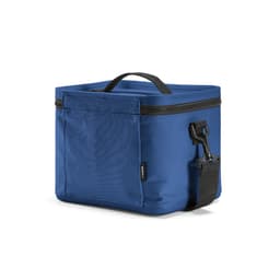 A blue cooler bag with a zippered closure, a handle, and a detachable strap. It features a side pocket and a logo.