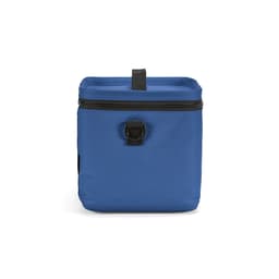 A blue cooler bag with a black zipper and a top handle, featuring a logo on the side.